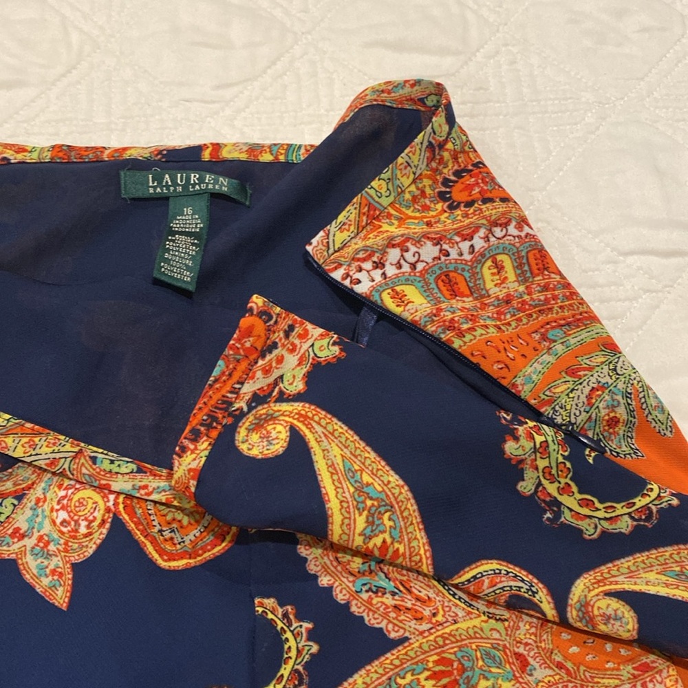 Lauren Ralph Lauren Paisley Skirt Sz 16 fully lined side zip extra dark navy - Picture 10 of 11
